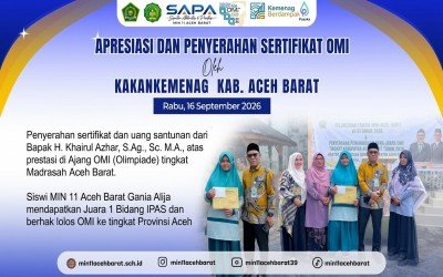Raih Juara 1 IPAS OMI Kabupaten, Siswi MIN 11 Aceh Barat Terima Penghargaan dari Kakankemenag