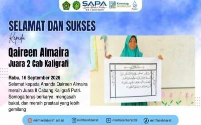 Banggakan Madrasah, Qaireen Almaira Raih Juara 2 Cabang Kaligrafi Putri